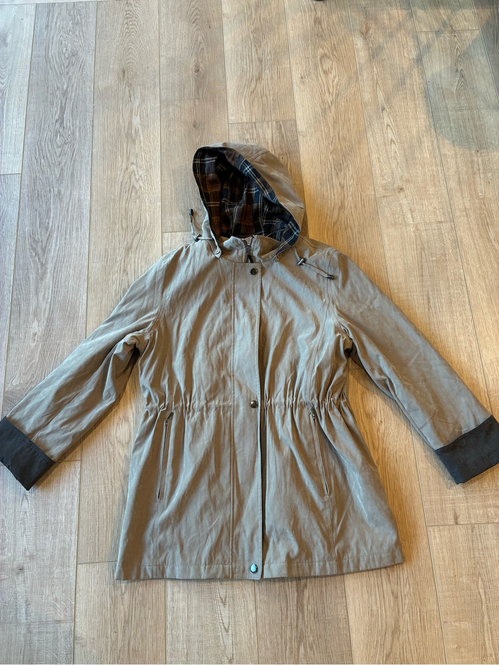 Liz Claiborne soft brown mid length coat drawstring waist wool blend lining hood